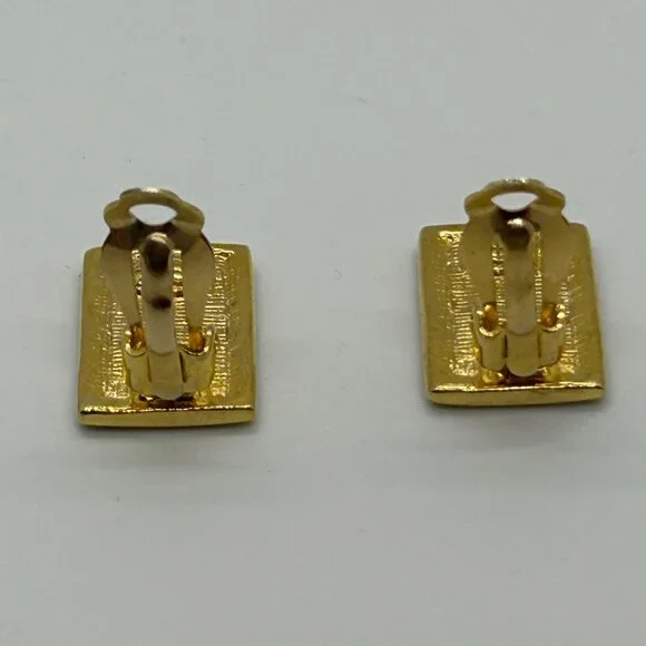 Vintage Gold & Black  Earrings Enamel Greek Key Clip-On 1980s Designer Statement - Picture 4 of 14